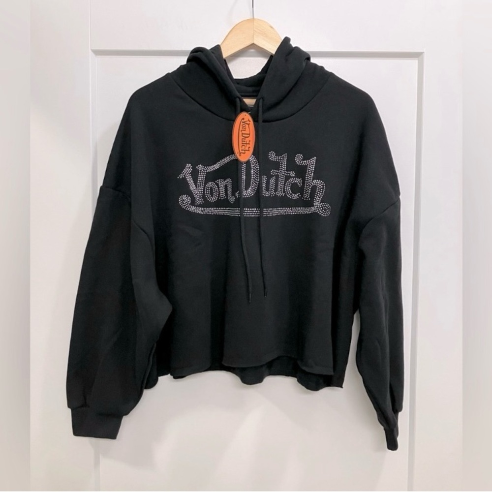 Von Dutch Rhinestone Cropped Hoodie | Black | NWT | Oversized | Y2K | Size XL - Picture 2 of 8